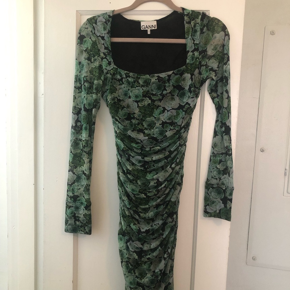 Ganni Green Mesh Floral Midi Dress